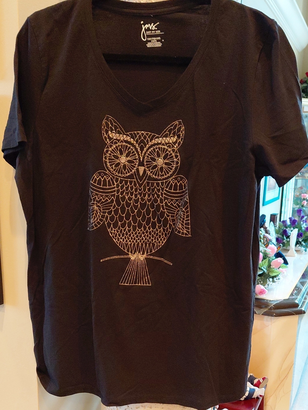 Just My Size Black V-Neck Tee with Gold Metallic Owl Design